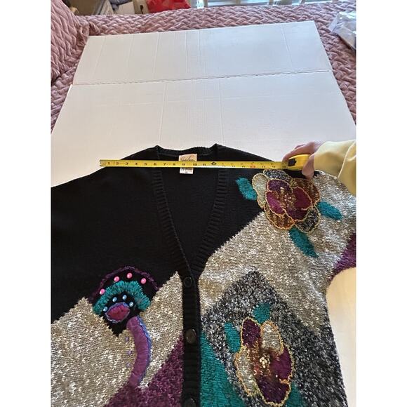 Vtg Jaclyn Smith Sweater Cardigan Sz Medium Black Sequin Floral Knit 80s Retro - Picture 10 of 12